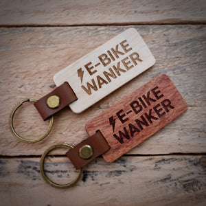 eBike Wanker Wooden Laser Engraved Key Ring– Dark, Mid, or Light Wood Options