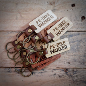 eBike Wanker Wooden Laser Engraved Key Ring– Dark, Mid, or Light Wood Options