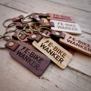 eBike Wanker Wooden Laser Engraved Key Ring– Dark, Mid, or Light Wood Options