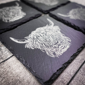 Highland Cow Laser Engraved Blackened Slate Coaster – Single or Set of 4/6