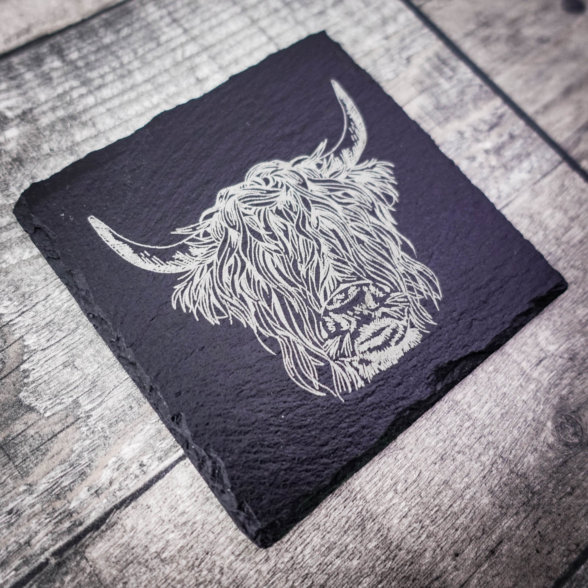 Highland Cow Laser Engraved Blackened Slate Coaster – Single or Set of 4/6