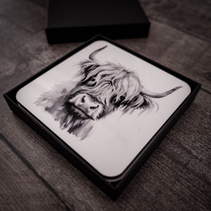 Highland Cow Coaster Set – Premium Cork Backed Coasters in Gift Box