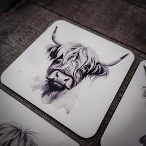 Highland Cow Coaster Set – Premium Cork Backed Coasters in Gift Box