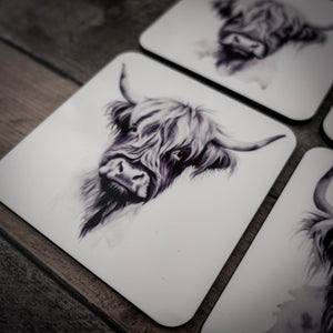 Highland Cow Coaster Set – Premium Cork Backed Coasters in Gift Box