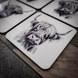 Highland Cow Coaster Set – Premium Cork Backed Coasters in Gift Box