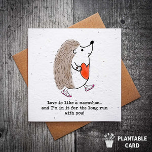 Love Is Like A Marathon Cute Hedgehog Valentine's Card | Plantable Running Card