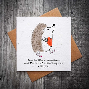 Love Is Like A Marathon Cute Hedgehog Valentine's Card | Plantable Running Card