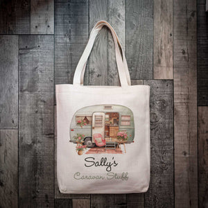 Personalised Caravan Bag – Custom Name Tote with Watercolour Caravan Design