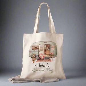 Personalised Tote Bag with Watercolour Caravan Print – Custom Name