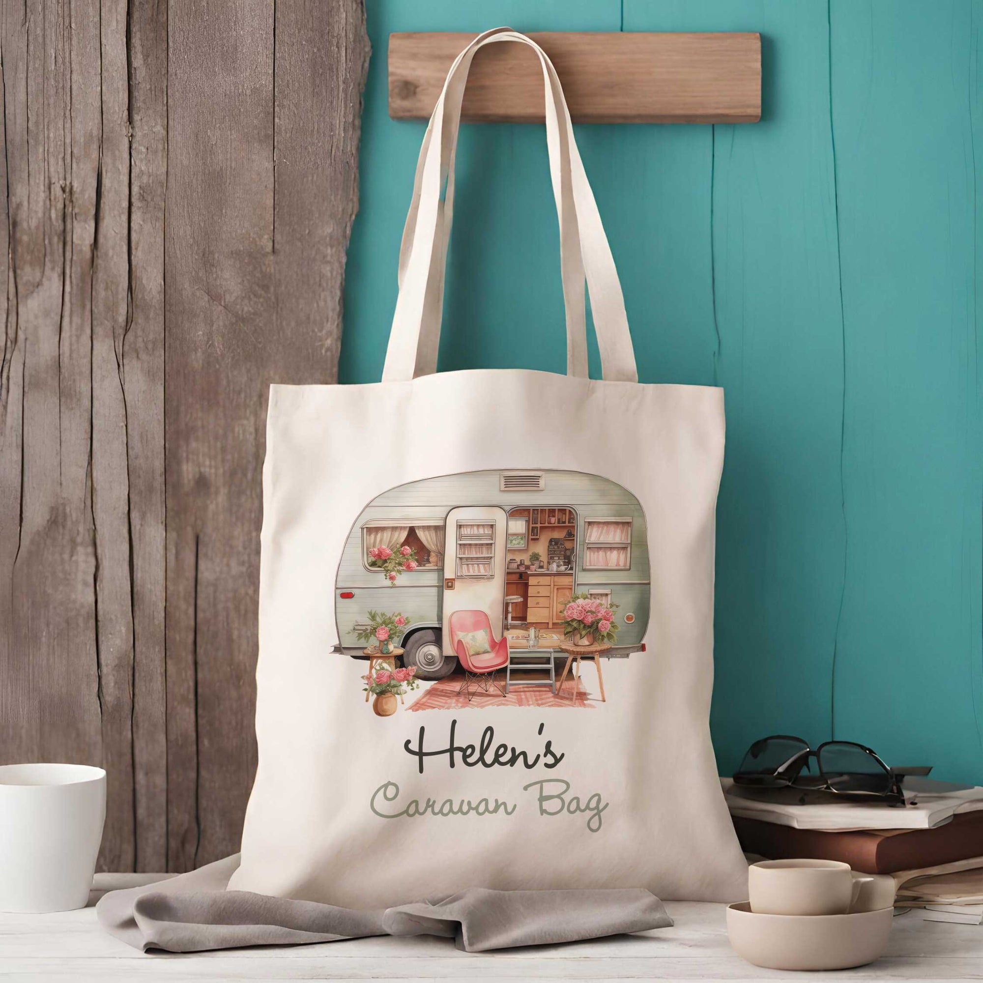 Personalised Caravan Bag – Custom Name Tote with Watercolour Caravan Design