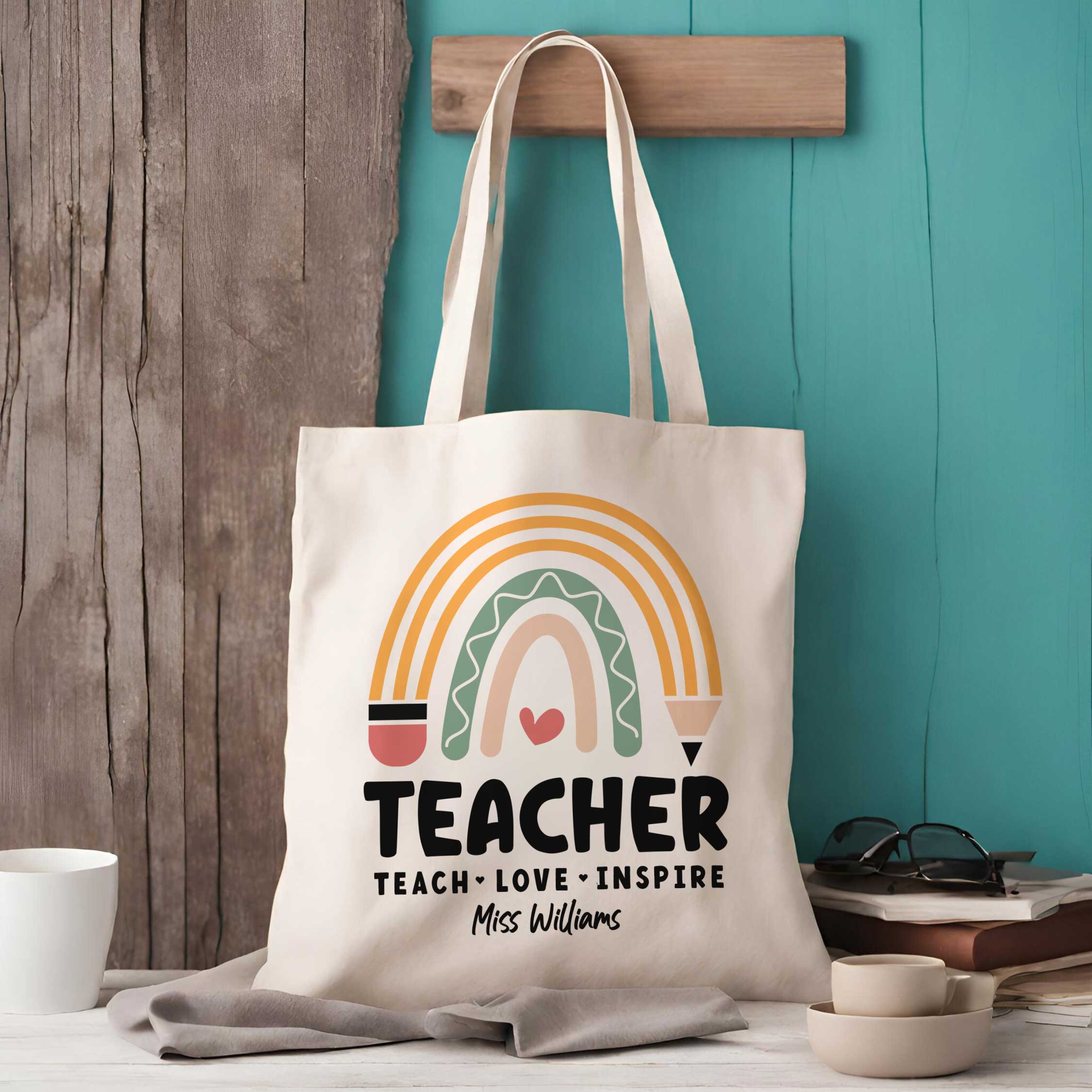 Personalised Teach Love Inspire Teacher Tote Bag EllieBeanPrints