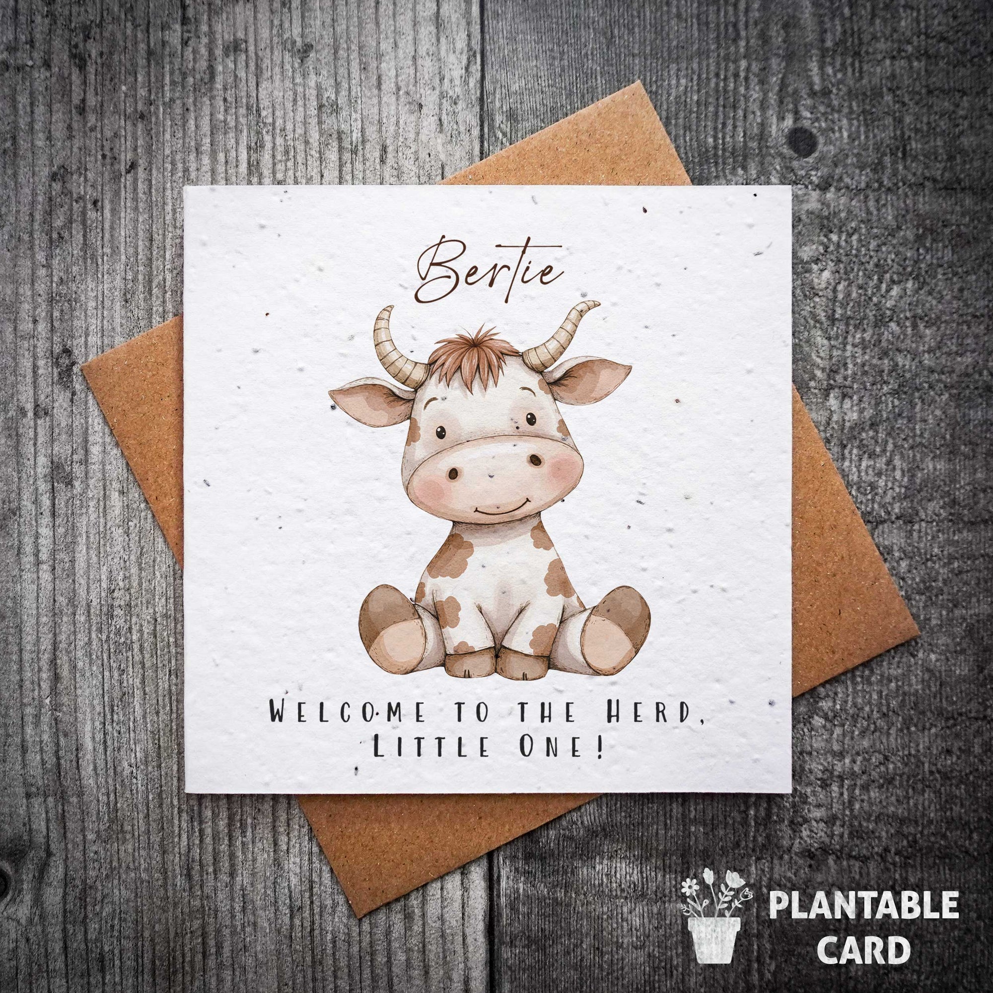 Personalised Plantable New Baby Card – Cute Little Cow Design with "Welcome to the Herd" Message