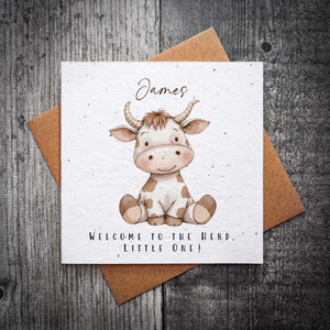 Personalised Plantable New Baby Card – Cute Little Cow Design with "Welcome to the Herd" Message