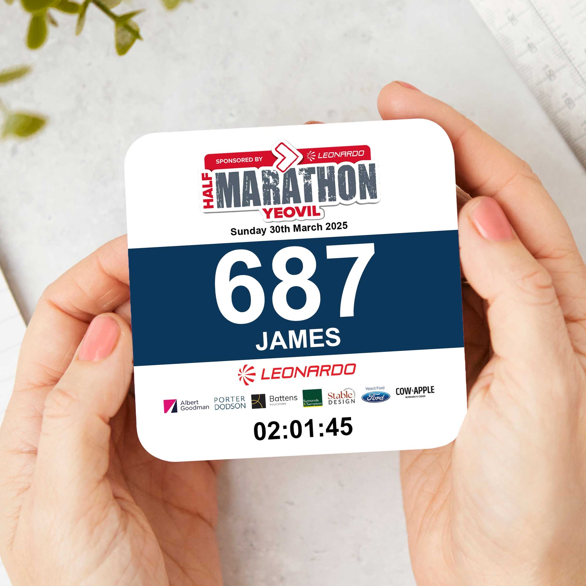 Official Yeovil Half Marathon 2025 Personalised Race Bib Coaster