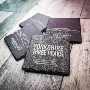 Yorkshire 3 Peaks Laser Engraved Blackened Slate Coaster Set – Set of 4