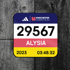 Personalised Manchester Marathon Race Bib Coaster 2023