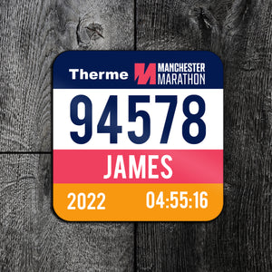 Personalised Manchester Marathon Race Bib Coaster 2022