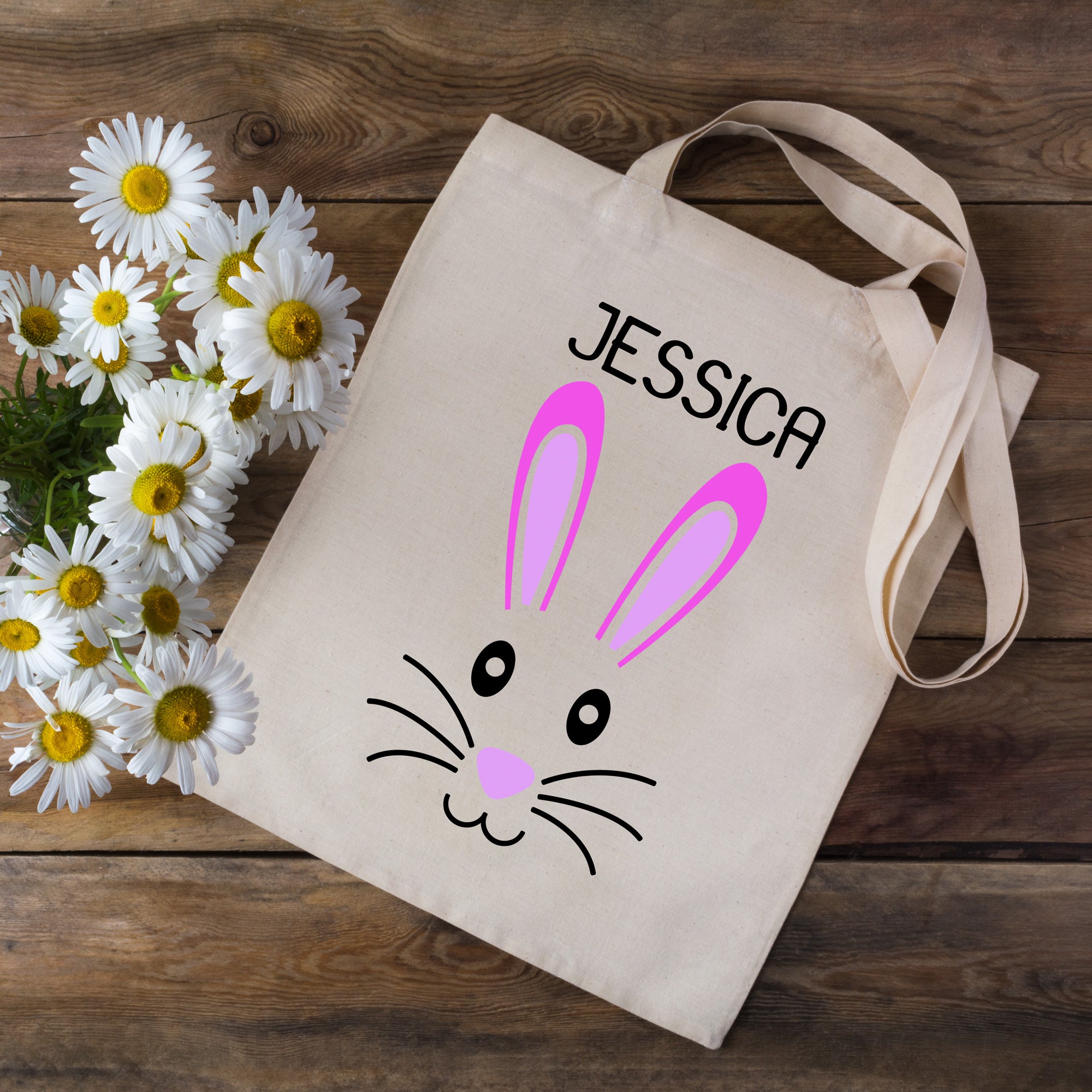 Pink Bunny Easter Basket Tote Bag - Personalized Canvas Tote Bag