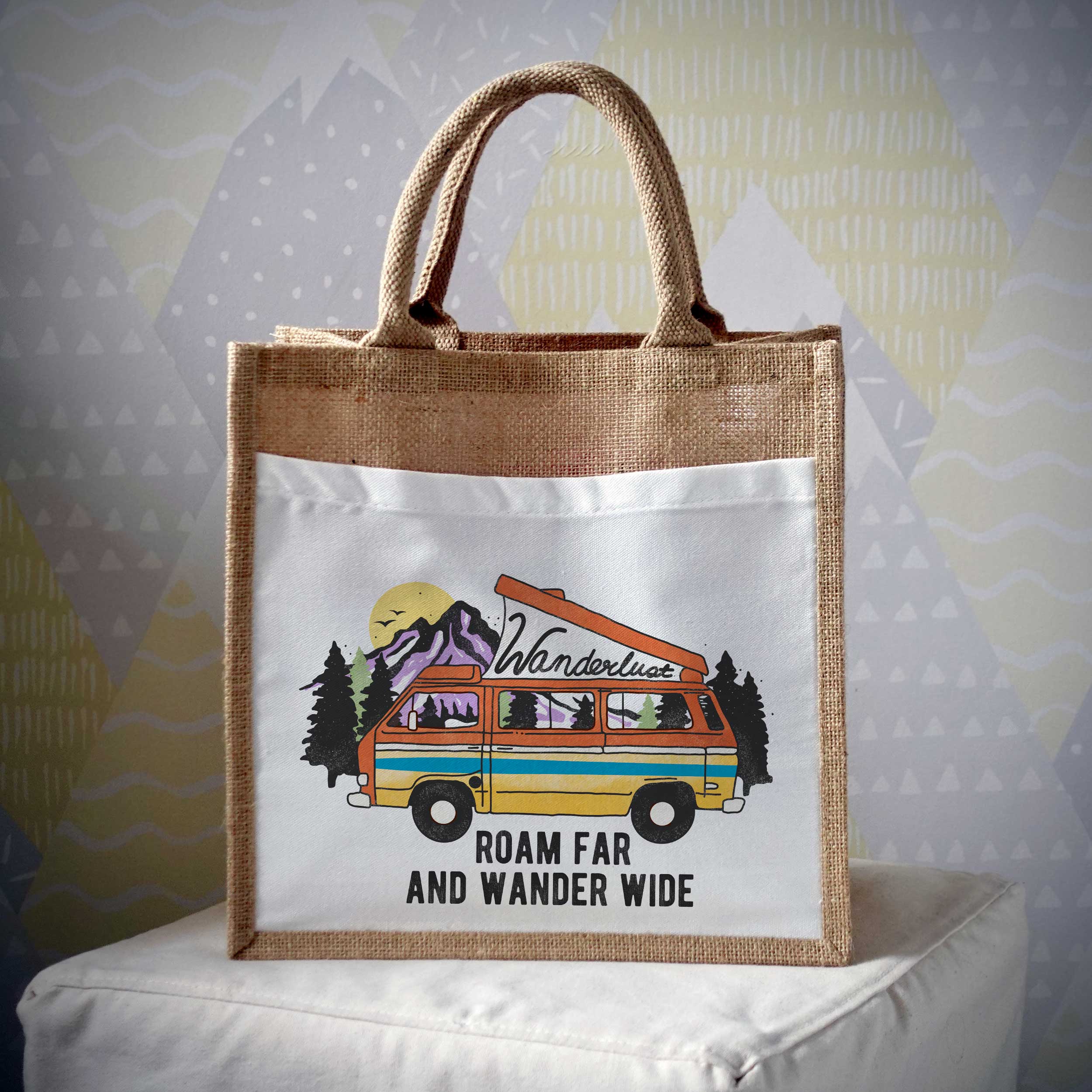 Roam Far And Wander Wide Camper Retro Jute Bag EllieBeanPrints